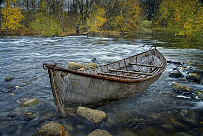 Randall Nyhof Royalty-Free and Rights-Managed Images - Canoe aground on the Thornapple River in Autumn by Randall Nyhof