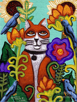 Birds Paintings - Cat and Four Birds by Genevieve Esson