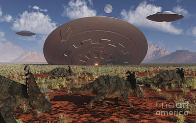 Landscapes Digital Art - Centrosaurus Dinosaurs Walk Past A Ufo by Mark Stevenson