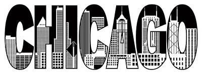Abstract Skyline Photos - Chicago City Skyline Black and White Text Illustration by Jit Lim