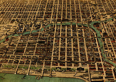 Birds Mixed Media - Chicago Illinois Vintage Map Business District 1898 Birds Eye View Illustration On Parchment  by Design Turnpike