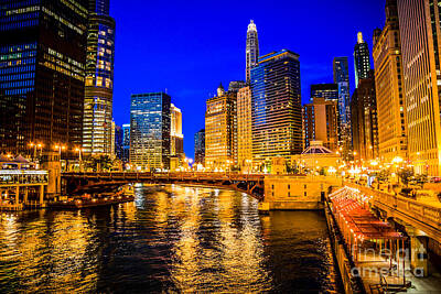 City Scenes Rights Managed Images - Chicago River Buildings at Night Picture Royalty-Free Image by Paul Velgos
