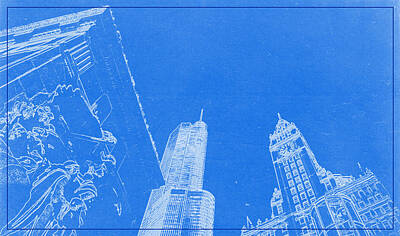 Skylines Paintings - Chicago Riverfront BluePrint by Celestial Images
