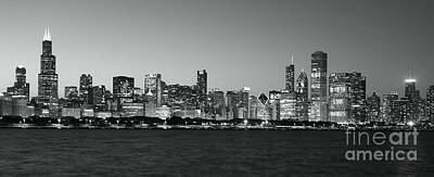 Black And White Flower Photography - Chicago skylin at night panoramic by Michael Paskvan