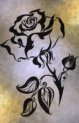 Floral Drawings - Chinese Rose. Golden by Jenny Rainbow