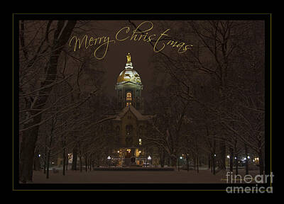 Football Photos - Christmas Greeting Card Notre Dame Golden Dome In Night Sky And Snow by Lone Palm Studio