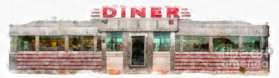 Landmarks Rights Managed Images - Classic American Diner Watercolor Royalty-Free Image by Edward Fielding
