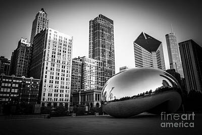 Skylines Royalty-Free and Rights-Managed Images - Cloud Gate Bean Chicago Skyline in Black and White by Paul Velgos