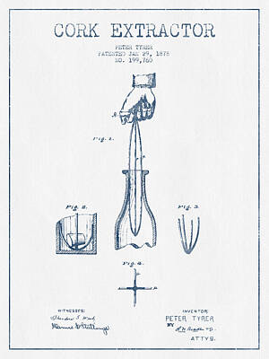 Wine Digital Art Royalty Free Images - Cork Extractor patent Drawing from 1878- Blue Ink Royalty-Free Image by Aged Pixel