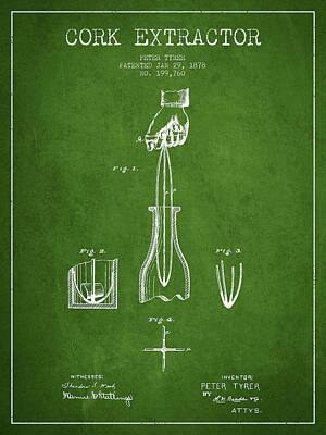 Wine Digital Art - Cork Extractor patent Drawing from 1878 -Green by Aged Pixel