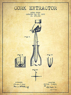 Wine Digital Art Royalty Free Images - Cork Extractor patent Drawing from 1878 -Vintage Royalty-Free Image by Aged Pixel