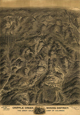 Landmarks Drawings - Antique Map - Cripple Creek Mining District Birdseye Map - 1895 by Eric Glaser