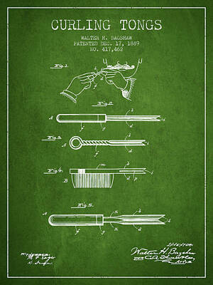 Watercolor Typographic Countries - Curling Tongs patent from 1889 - Green by Aged Pixel