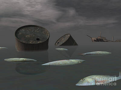 Animals Digital Art - Dead Fish And Oil Tanks In Polluted by Elena Duvernay