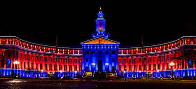 Football Royalty-Free and Rights-Managed Images - Denver City and Country Building in Bronco Blue and Orange by Teri Virbickis