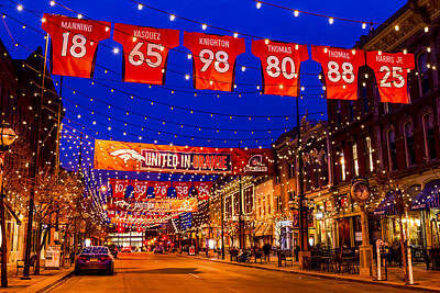 Football Photos - Denver Larimer Square Blue Hour NFL United in Orange by Teri Virbickis