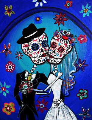 Floral Paintings - Dia De Los Muertos Kiss The Bride by Pristine Cartera Turkus