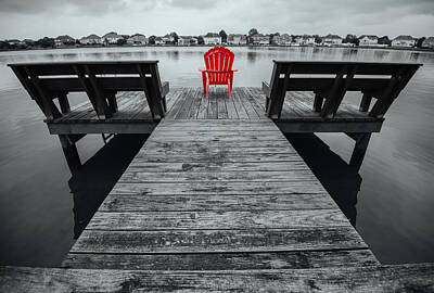 Black And White Rock And Roll Photographs - Dock with Red Chair by Paul Scolieri