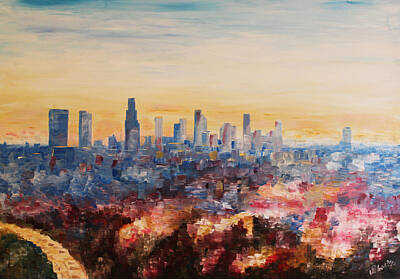Skylines Paintings - Downtown Los Angeles at Dusk by M Bleichner