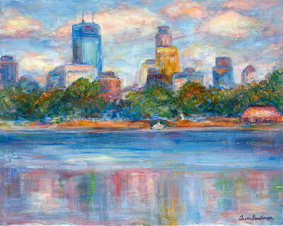 Best Sellers - Paris Skyline Royalty-Free and Rights-Managed Images - Downtown MIneapolis from the Lake II - Or Commission Your City Painting by Quin Sweetman