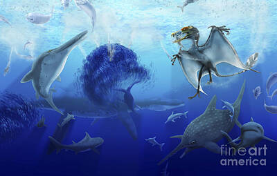 Reptiles Royalty-Free and Rights-Managed Images - Early Jurassic European Pelagic Scene by Alice Turner