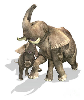 Animals Digital Art - Elephants, Mother And Son by Leonello Calvetti