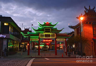 Dainty Chairs Fashions Sketches - Entrance to Los Angeles Chinatown at night with neon lights. by Jamie Pham