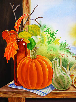 Food And Beverage Paintings - Fall Leaves Pumpkin Gourd by Irina Sztukowski