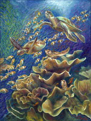 Reptiles Paintings - Fantastic Journey - Turtles by Nancy Tilles