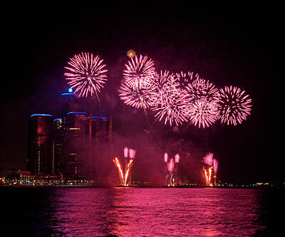 Abstract Skyline Photos - Fireworks over Detroit River 11 by Paul Cannon