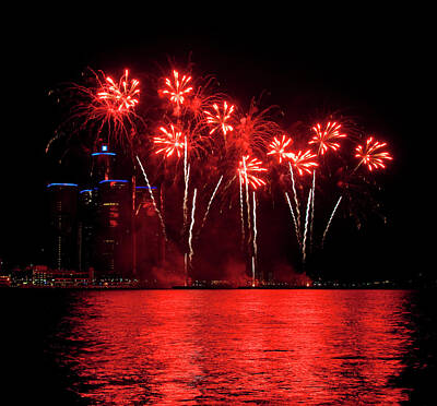 Abstract Skyline Photos - Fireworks over Detroit River 14 by Paul Cannon
