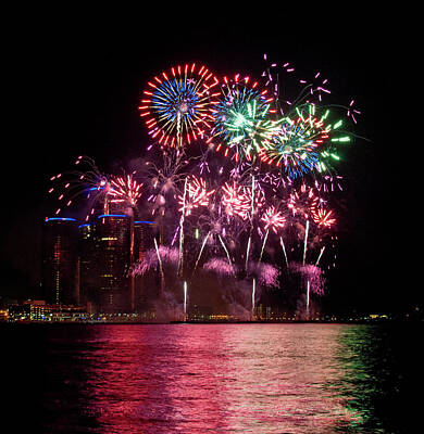 Abstract Skyline Photos - Fireworks over Detroit River 7 by Paul Cannon
