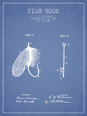 Animals Digital Art - Fish Hook Patent from 1908- Light Blue by Aged Pixel