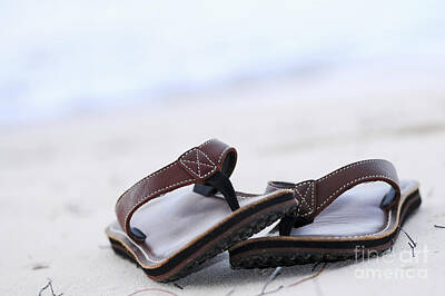 Beach Royalty-Free and Rights-Managed Images - Flip-flops on beach 2 by Elena Elisseeva