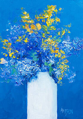 Recently Sold - Abstract Flowers Paintings - Flowers with blue background by Jan Matson