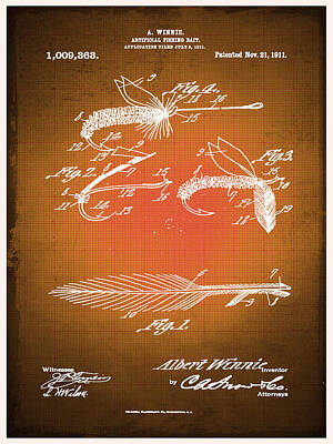 Sports Mixed Media - Fly Fishing Bait Patent Blueprint Drawing Sepia by Tony Rubino