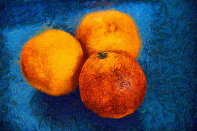 Best Sellers - Still Life Digital Art - Food still life - three oranges on blue - digital painting by Matthias Hauser