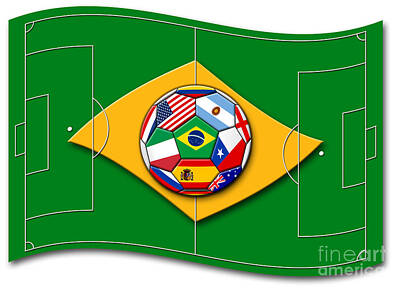 Football Digital Art - football field looks like Brazil flag with ball by Michal Boubin