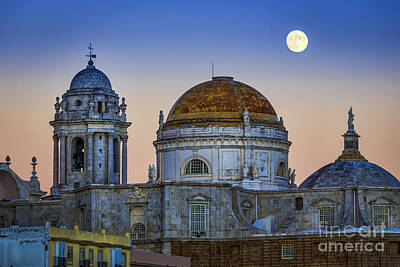 City Lights - Full Moon Rising Over the Cathedral Cadiz Spain by Pablo Avanzini