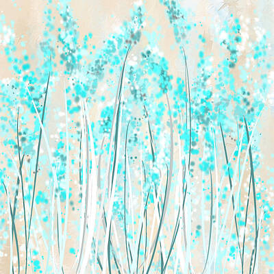 Abstract Flowers Royalty-Free and Rights-Managed Images - Garden Of Blues- Teal And Cream Art by Lourry Legarde