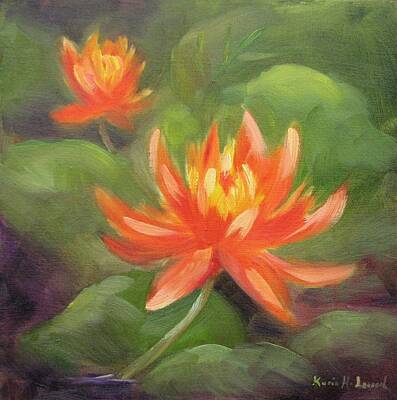 Lilies Paintings - Glowing Water Lilies by Karin  Leonard