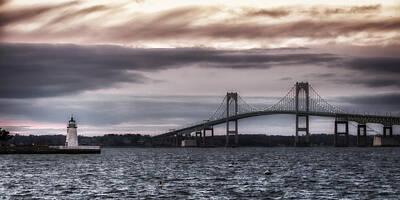 Landmarks Rights Managed Images - Goat Island Lighthouse and Newport Bridge Royalty-Free Image by Joan Carroll