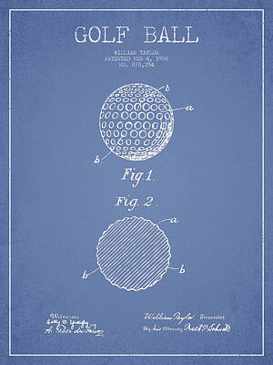 Sports Royalty-Free and Rights-Managed Images - Golf Ball Patent Drawing From 1908 - Light Blue by Aged Pixel