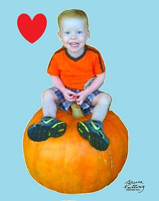 Whimsical Flowers Royalty Free Images - Grandson Riding a Pumpkin Royalty-Free Image by Bruce Nutting