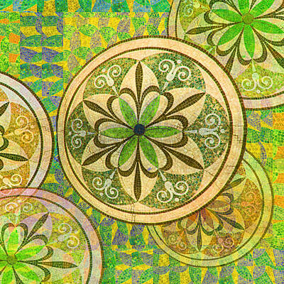 Abstract Flowers Royalty-Free and Rights-Managed Images - Green and Yellow Mosaic Circles and Flowers by Tony Rubino