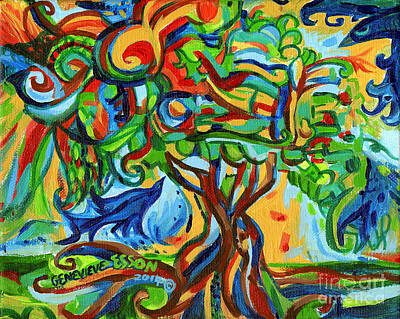 Animals Paintings - Hairdoodle Tree With Birds by Genevieve Esson