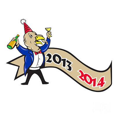 Wine Digital Art Royalty Free Images - Happy New Year 2014 Turkey Toasting Wine Cartoon Royalty-Free Image by Aloysius Patrimonio