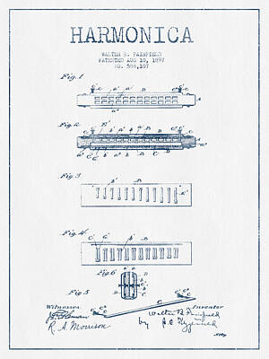 Jazz Digital Art - Harmonica Patent Drawing from 1897  - Blue Ink by Aged Pixel