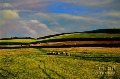Sarah Yeoman Crow Paintings - Hay Rolls on the Field Number Two by Christopher Shellhammer