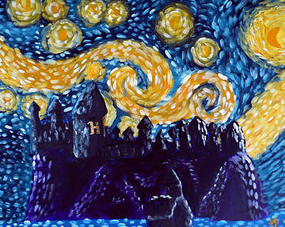 Fantasy Paintings - Hogwarts Starry Night by Jera Sky